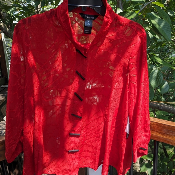 Valentine's Day Ali Miles Petite LG Red blouse Stick Buttons Sheer Shiny NWT - Picture 7 of 10